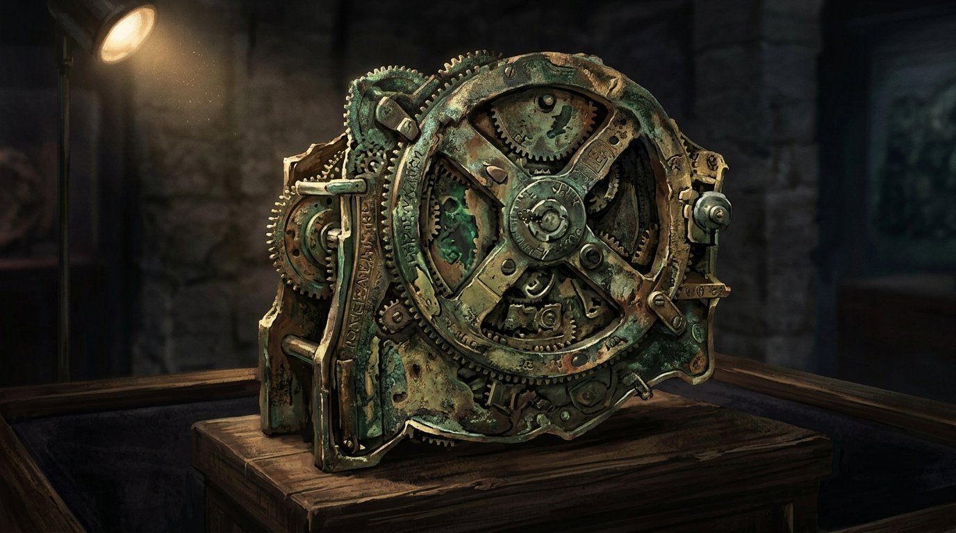antikythera mechanism – corroded ancient bronze geared astronomical device on a dark background