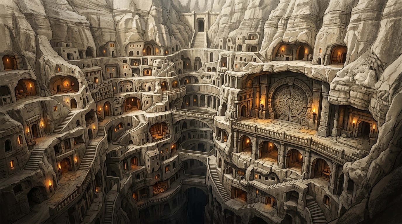 Derinkuyu Underground City That Housed 20,000 People 1 derinkuyu underground city – cross section illustration showing multiple torchlit levels carved into volcanic rock