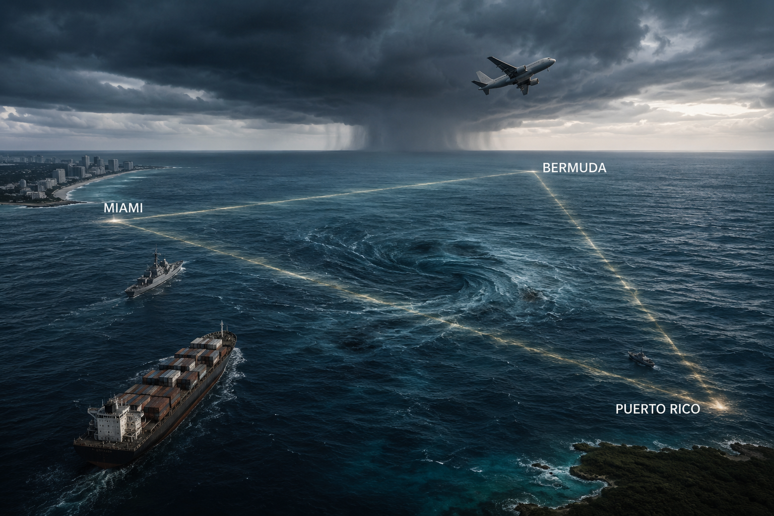 bermuda triangle mystery – aerial map showing Miami Bermuda Puerto Rico
