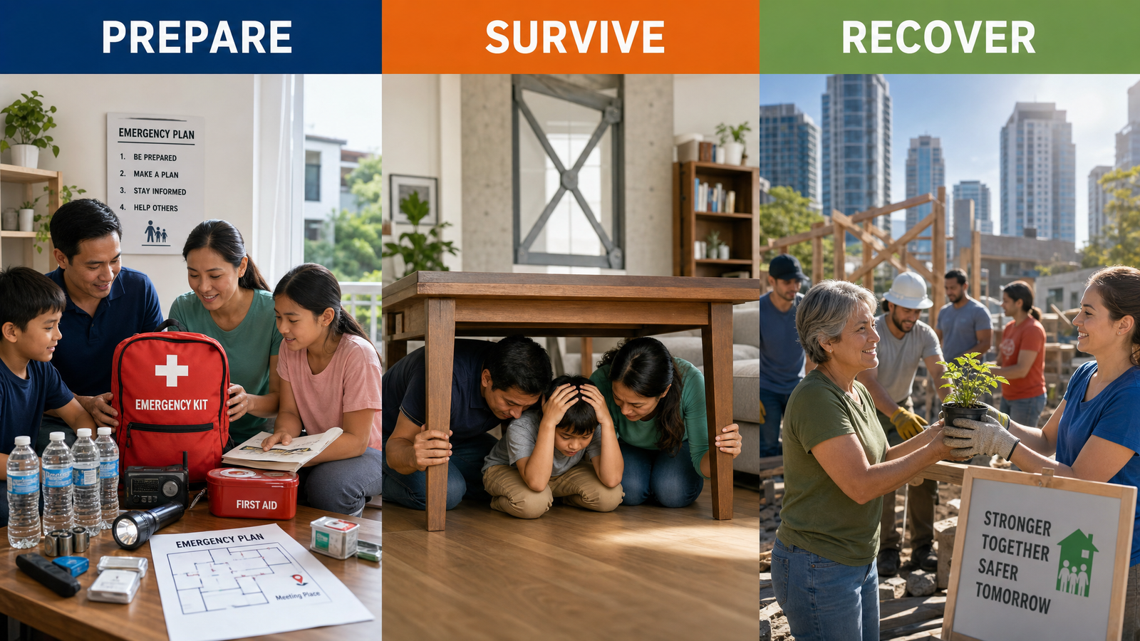 How to Be Earthquake-Beating: Prepare, Survive, Recover 3 earthquake – family practicing Drop Cover and Hold On under table", "earthquake – home emergency kit with water, radio, and first aid supplies"