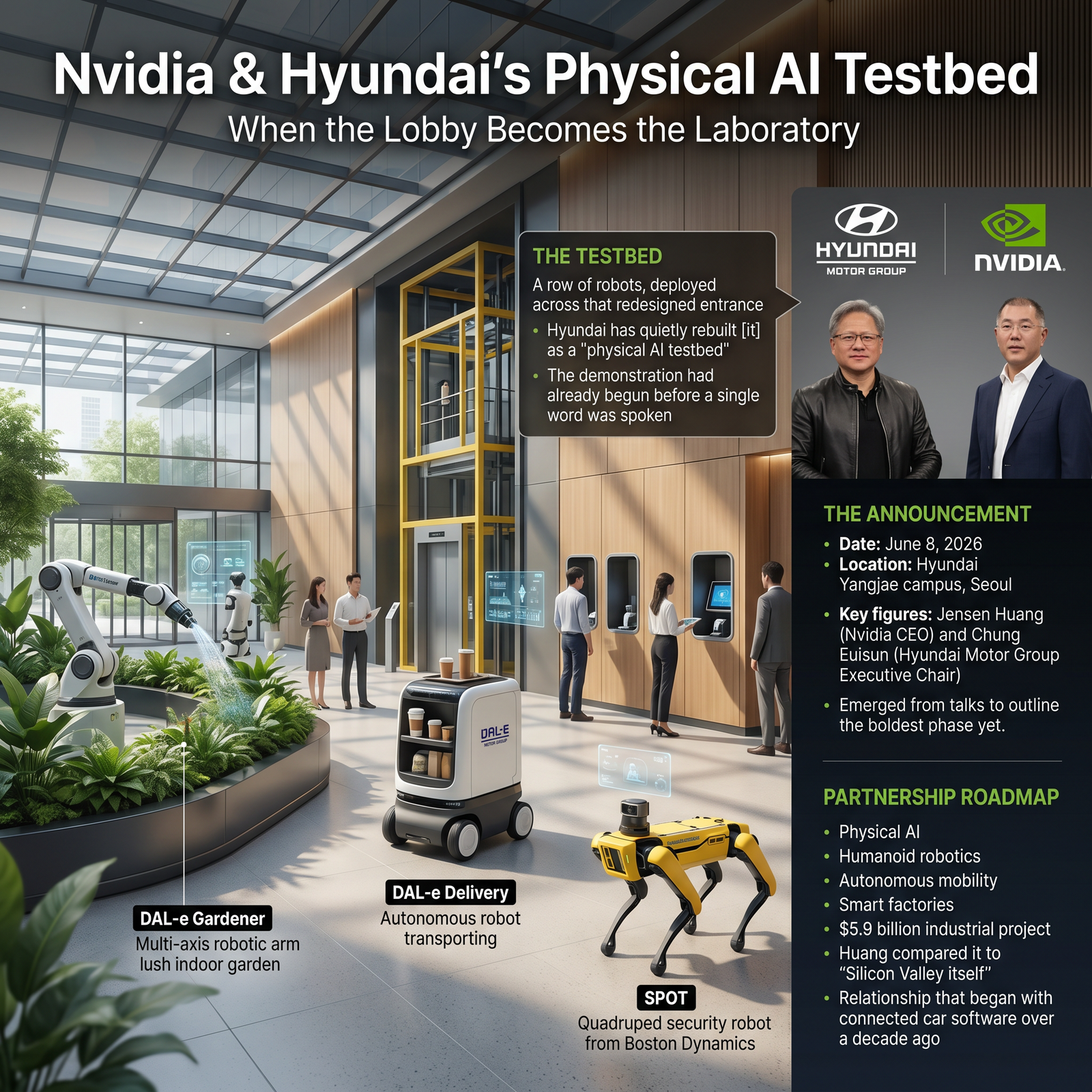 Image Alt Text Formula Nvidia and Hyundai partnership – Jensen Huang and Chung Euisun at Seoul headquarters Nvidia and Hyundai robotics – Boston Dynamics Atlas humanoid robot on factory floor Nvidia and Hyundai AI Valley – Saemangeum data center and robot manufacturing hub
