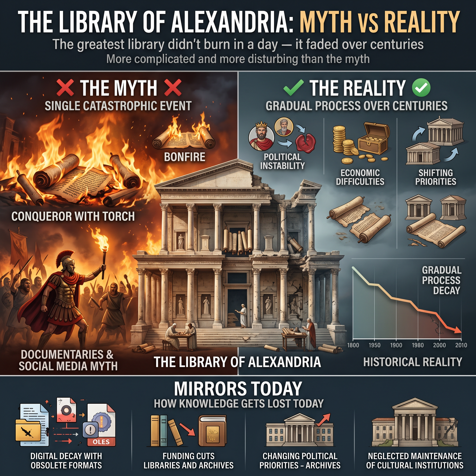 Library of Alexandria destruction myth – ancient scrolls and fire historical illustration