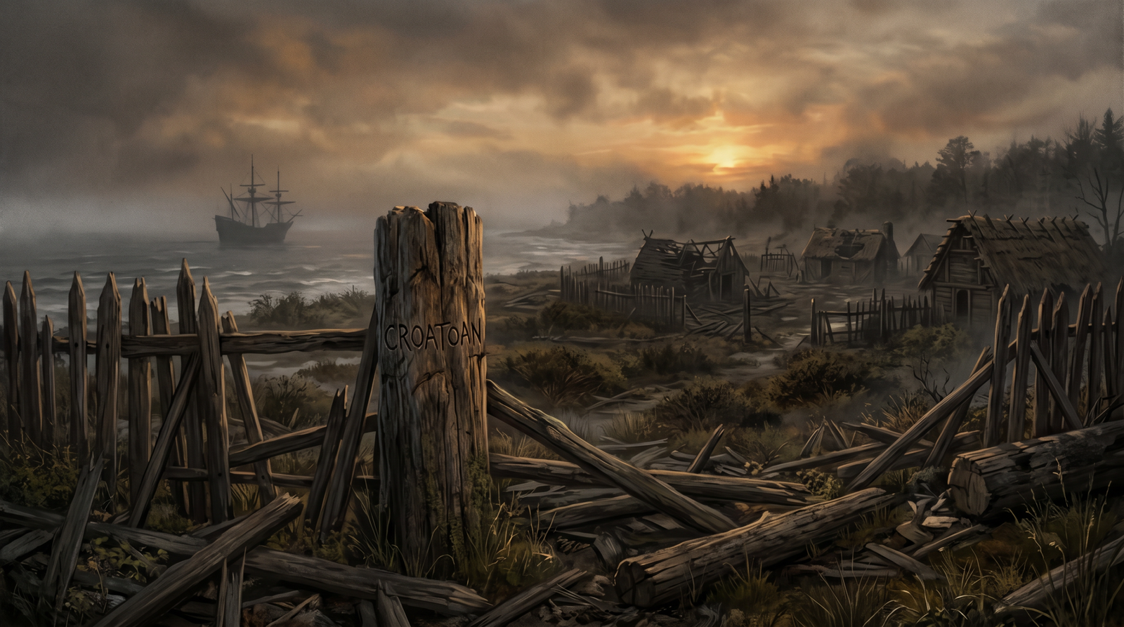 roanoke colony mystery – CROATOAN carved on fence post at abandoned 1590 settlement