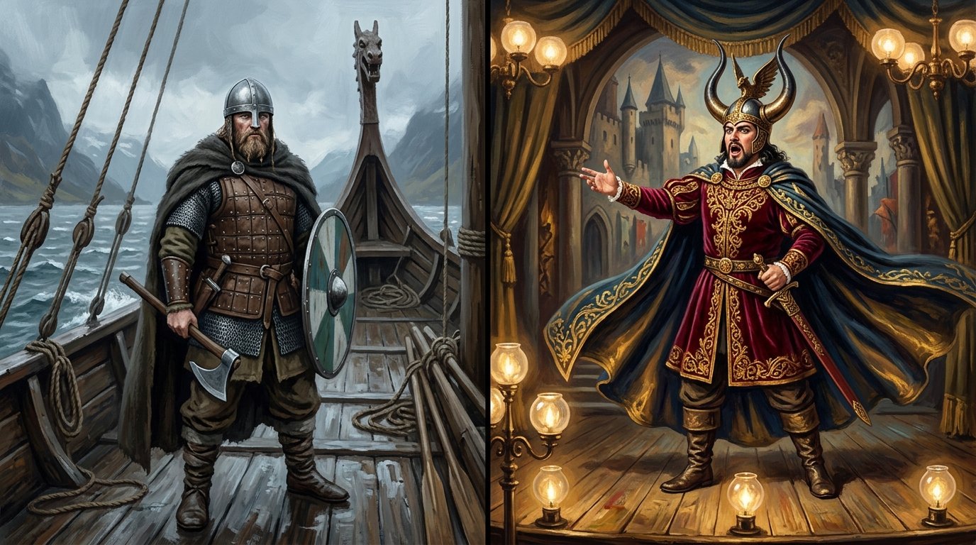 Vikings Never Wore Horned Helmets: The Opera That Invented Them 1 vikings horned helmets myth – real Viking warrior beside 19th century opera performer in horned helmet