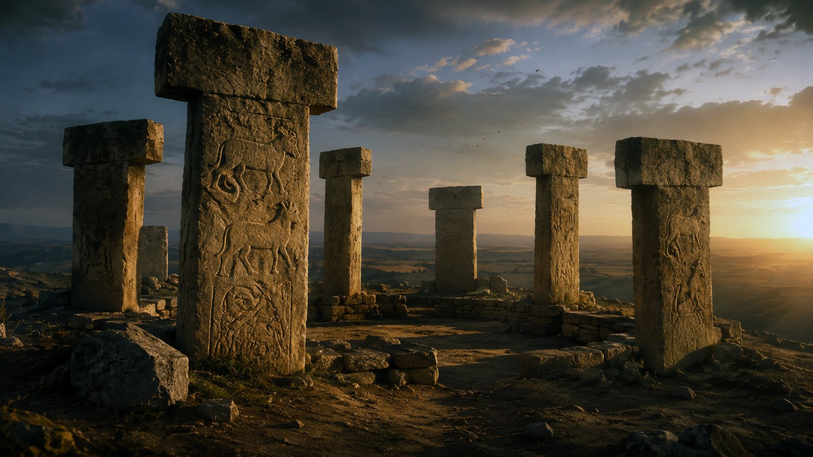 göbekli tepe – ancient T-shaped stone pillars arranged in a circle on a hilltop at golden hour