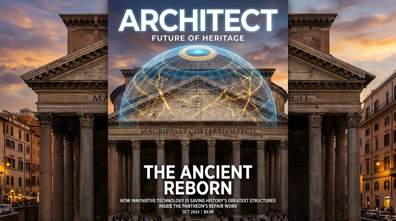 The ancient Roman Pantheon with a futuristic glowing blueprint overlay demonstrating self-healing architecture.