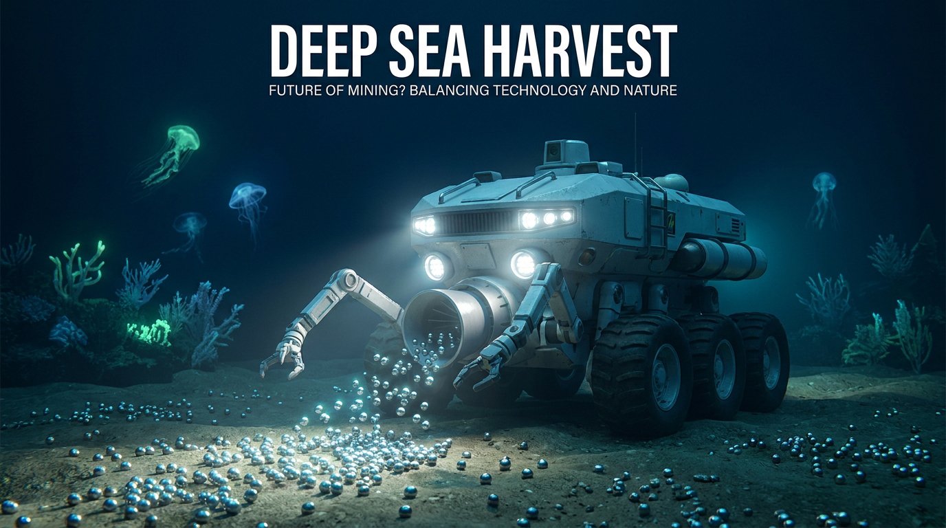 A futuristic robotic rover collecting polymetallic nodules on the dark ocean floor surrounded by bioluminescent marine life.