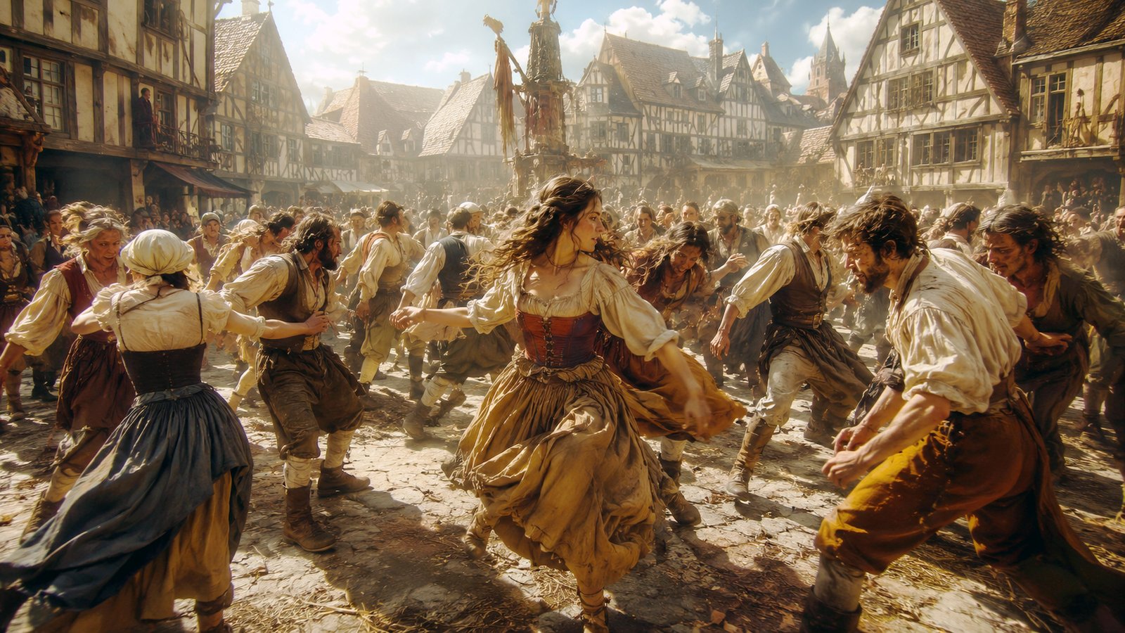 The Dancing Plague of 1518: When People Danced Themselves to Death 6 dancing plague of 1518 – crowd dancing frenziedly in a medieval Strasbourg town square