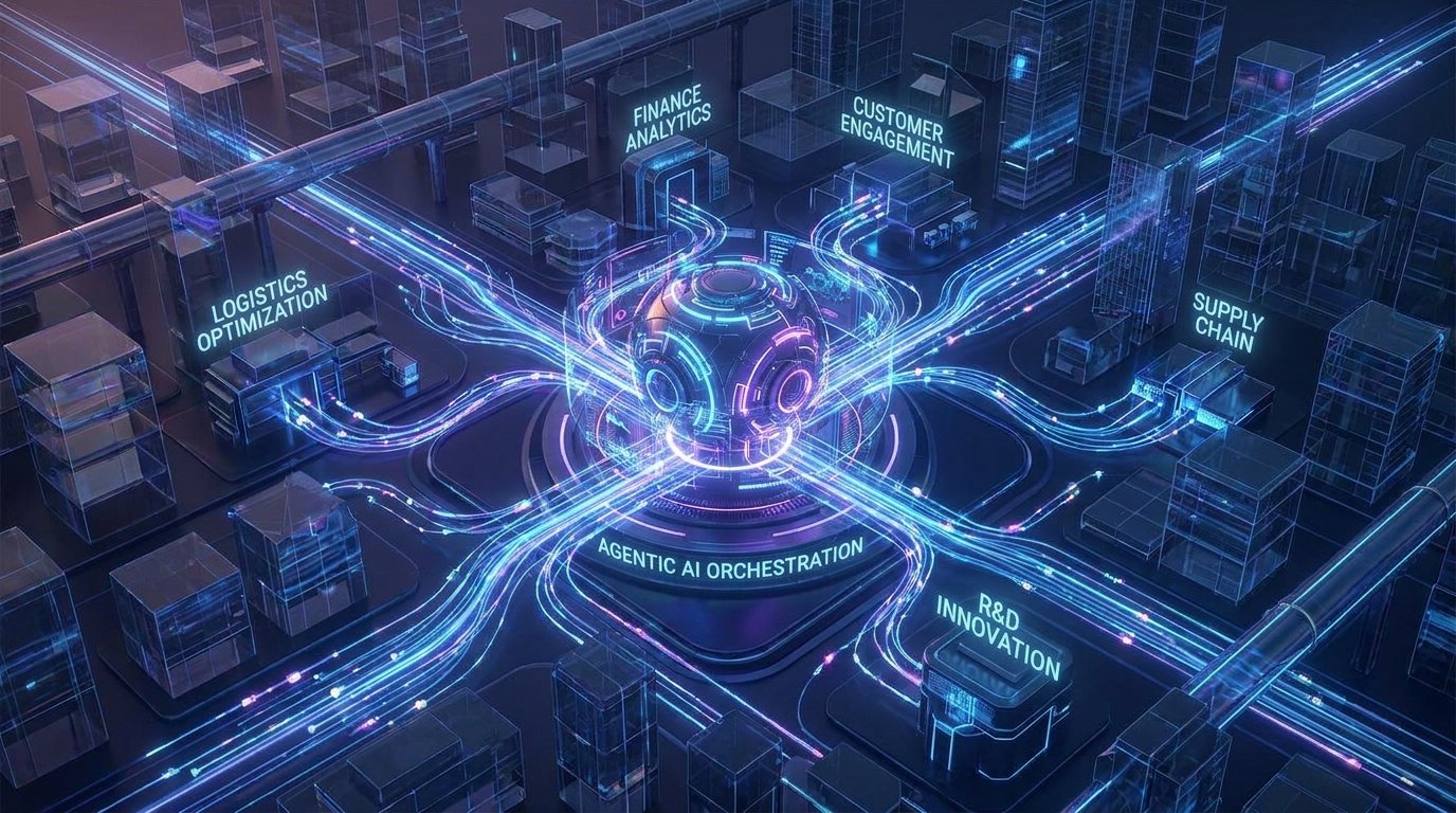 What is Agentic AI? The Shift from Chatbots to Autonomous Agents 1 Glowing AI core illustrating Agentic AI orchestrating business tasks.