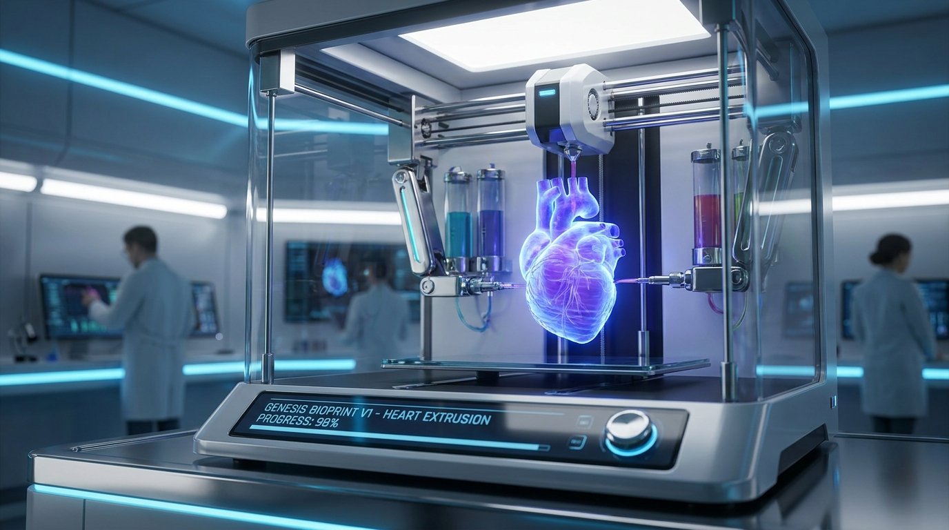 A futuristic bioprinter creating a human heart for Lab-Grown Organ Transplants & Bioprinting