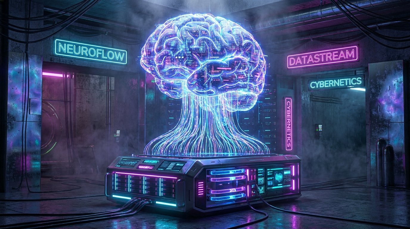 Brain-Computer Interfaces (BCI): Beyond Neuralink 1 A futuristic digital brain connected to a computer server by glowing fiber-optic threads, representing brain-computer interfaces.