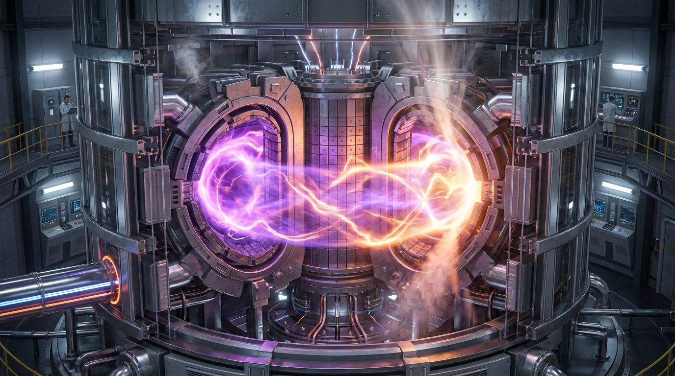 Fusion Energy Reactors: SPARC & ITER Breakthroughs 1 A highly detailed futuristic tokamak fusion reactor core with glowing purple and orange plasma representing limitless energy.Fusion Energy Reactors