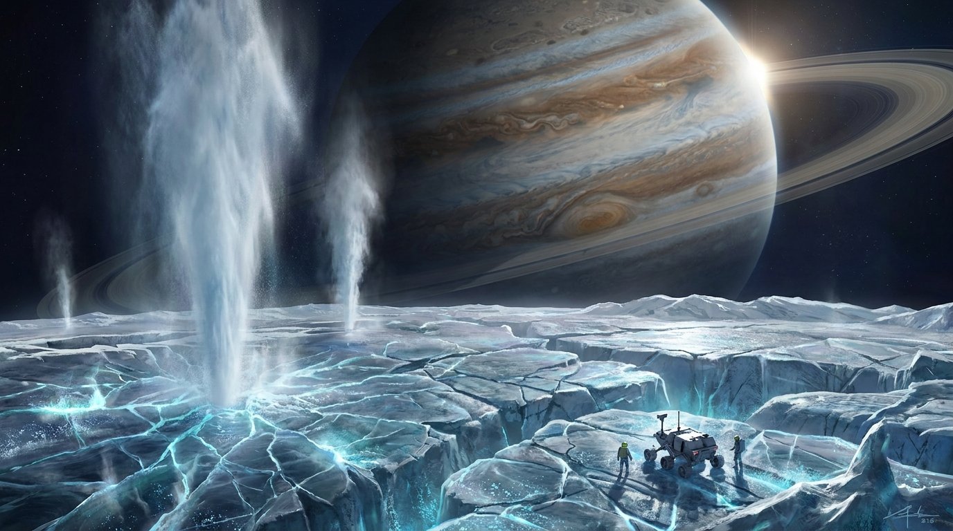 A cinematic view of water vapor plumes erupting from an icy moon, highlighting the search for biosignatures on Enceladus and Europa.