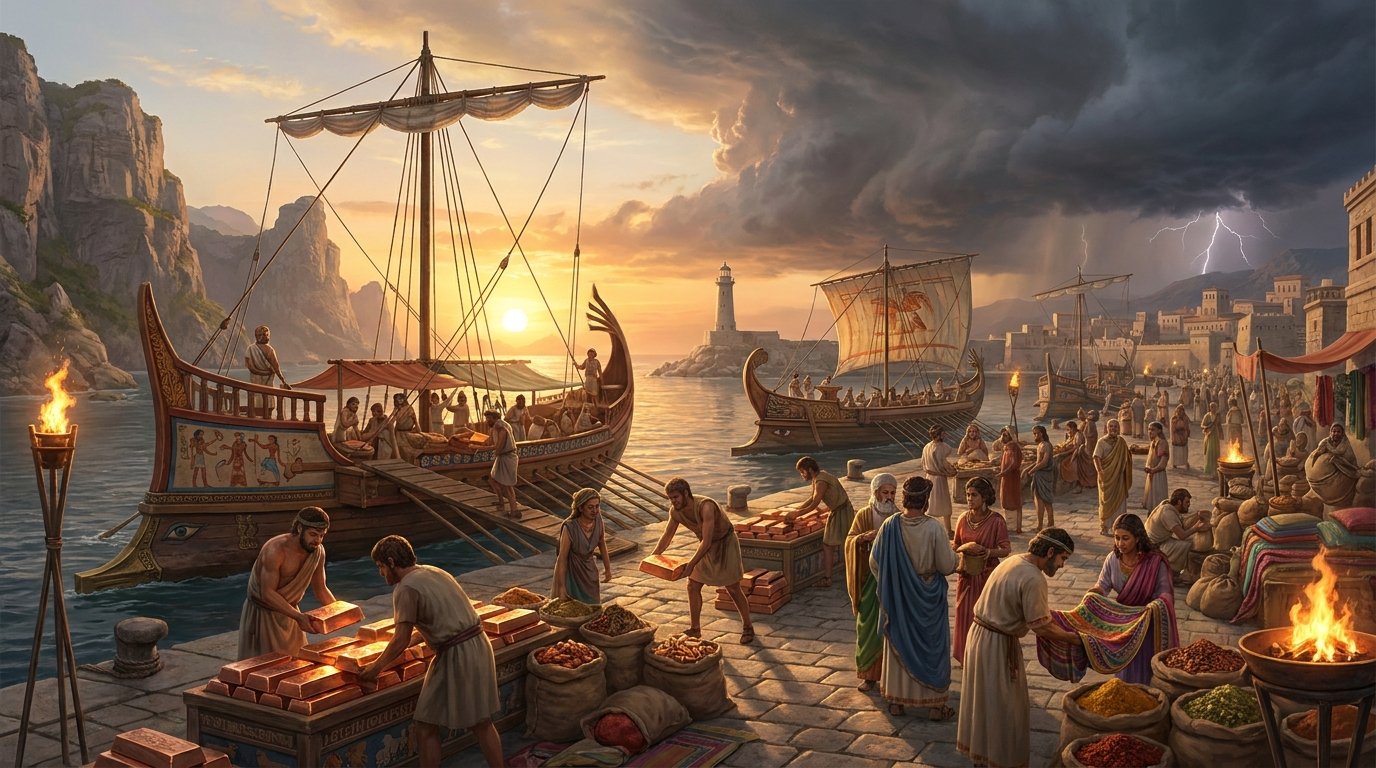 An ancient Mediterranean harbor with merchant ships unloading goods, symbolizing the global trade network before the Bronze Age collapse.Trade Logistics of the Bronze Age Collapse