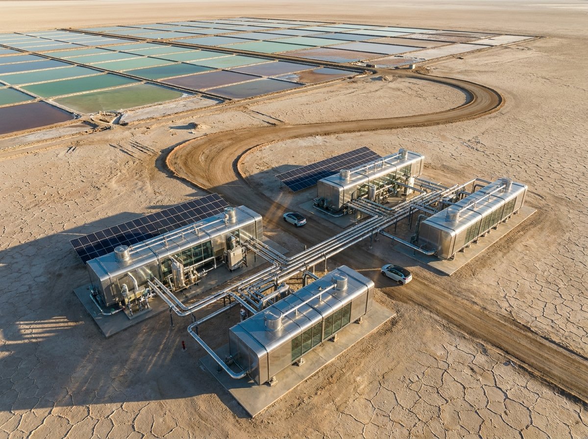 The Chemistry Powering the EV Boom 1 Aerial view of a modern direct lithium extraction facility beside a desert salt flat
