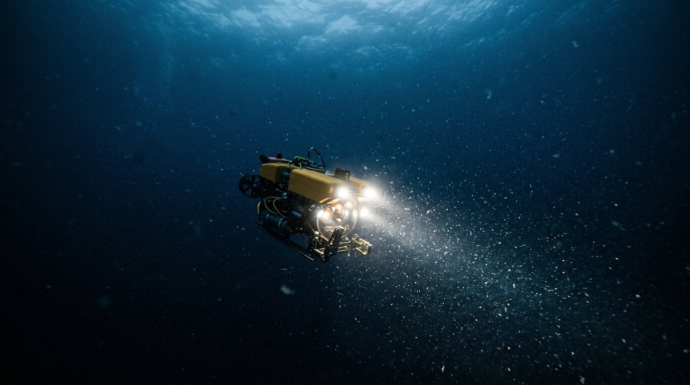 Deep-sea submersible descending into the dark waters of the Mariana Trench