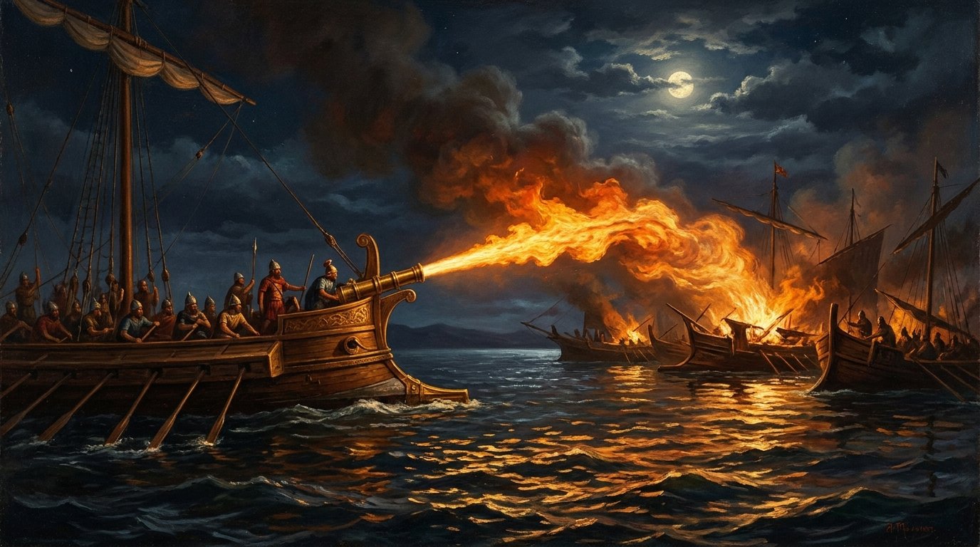 Greek Fire: The Lost Chemical Weapon of the Byzantine Empire 1 Byzantine warship deploying Greek Fire from a bronze siphon against an enemy fleet at night