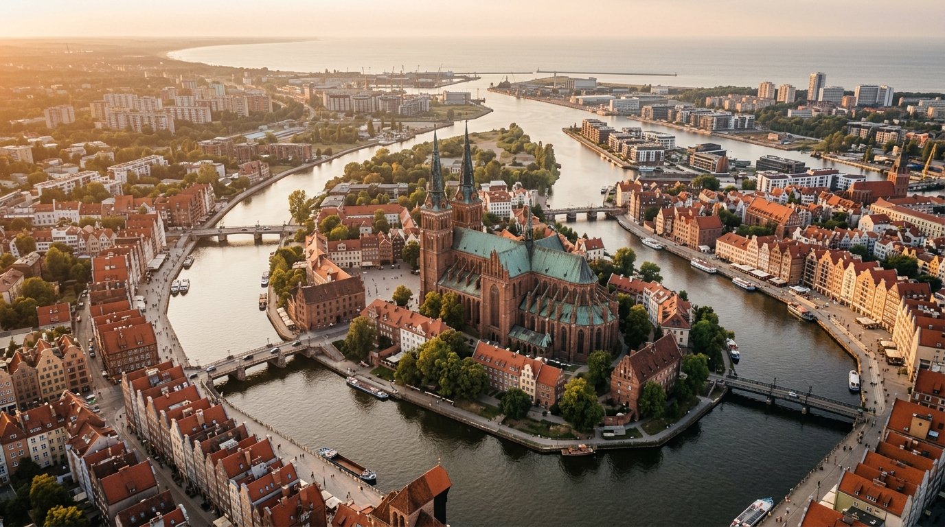 How Russia Got Kaliningrad: A Step-by-Step History From Königsberg to Today 1 Aerial view of Kaliningrad’s cathedral island and river at sunset