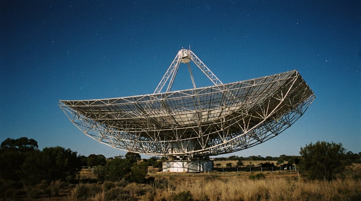 Radio telescope structure under a starry night sky