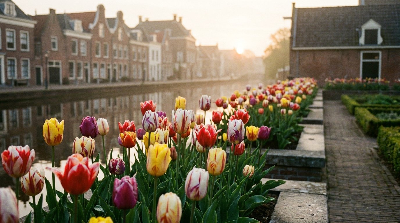 Striped tulips in a Dutch-style garden with canal houses in the background